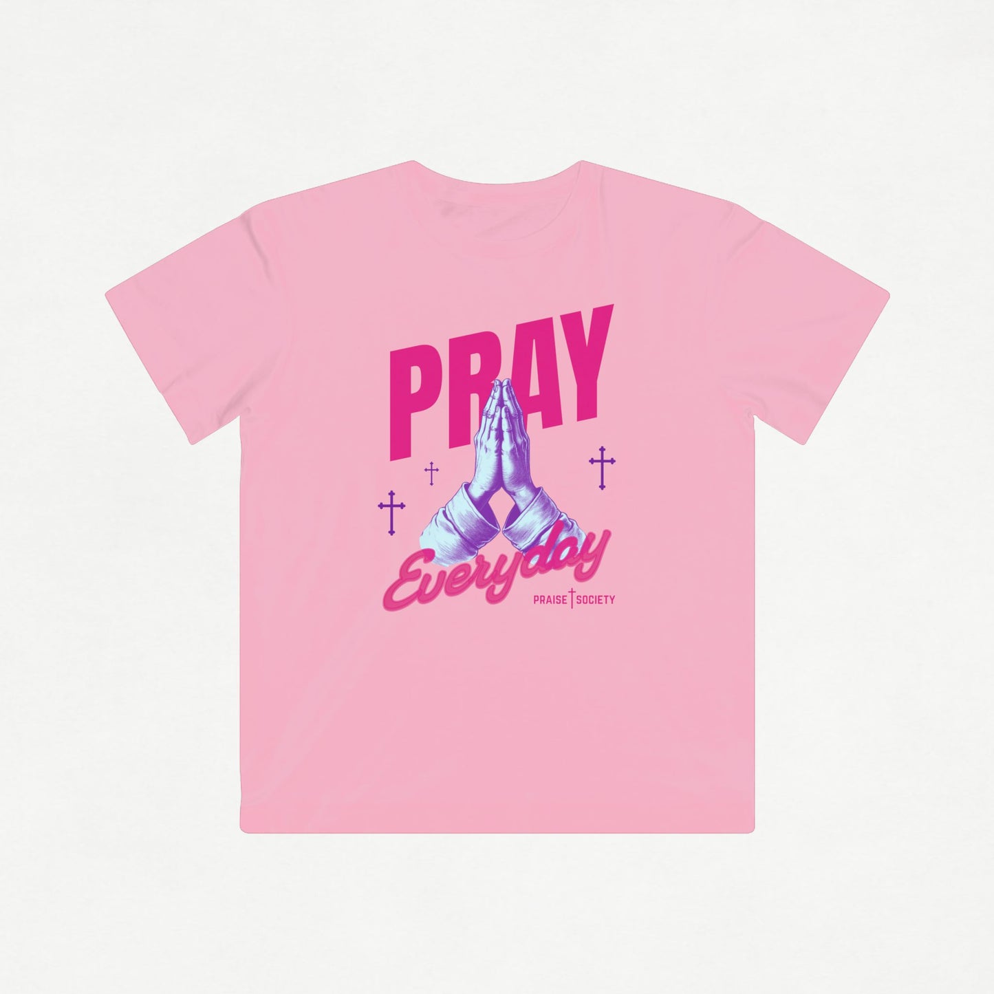 Pink t-shirt with 'PRAY Everyday' text and praying hands graphic on a white background