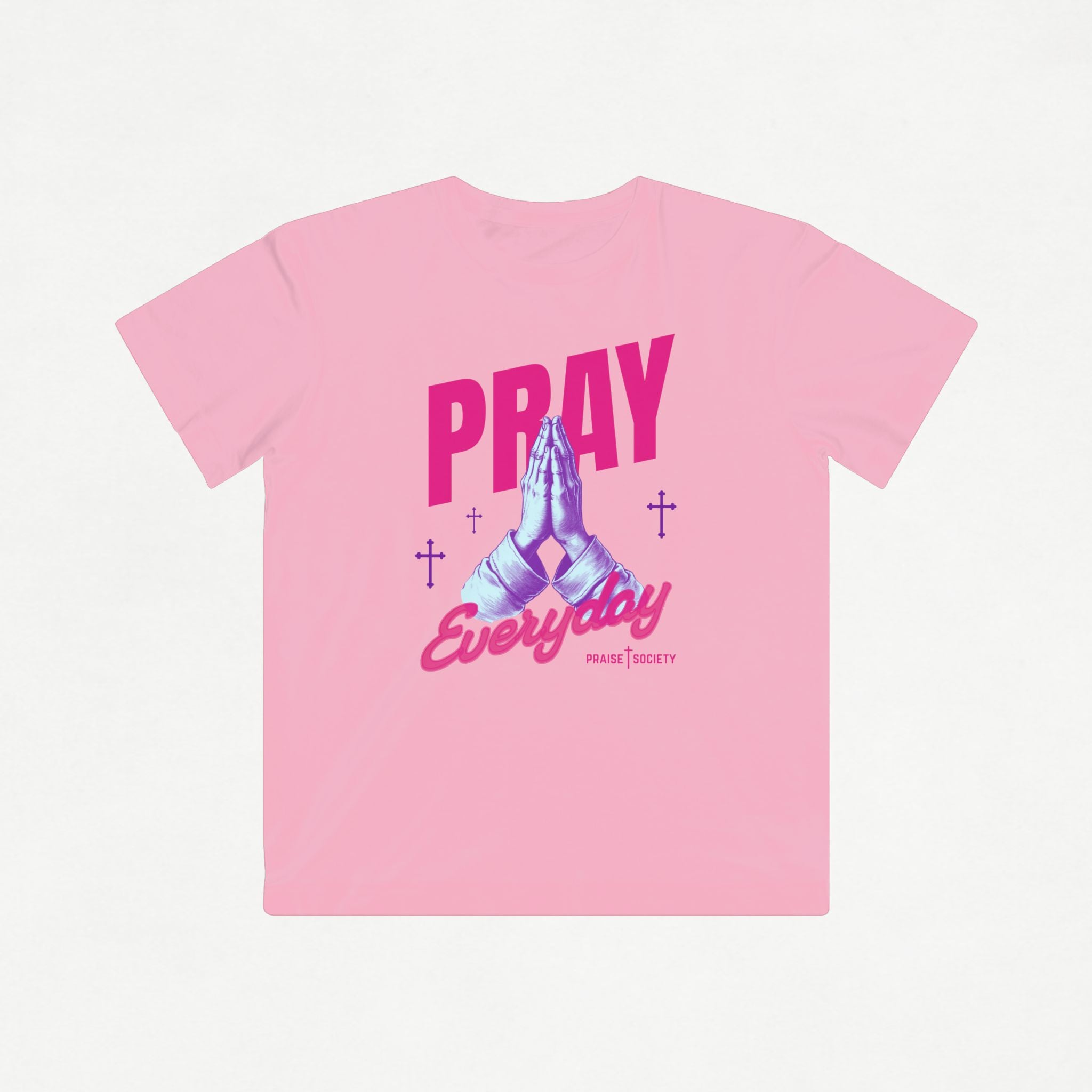 Pink t-shirt with 'PRAY Everyday' text and praying hands graphic on a white background