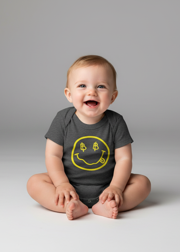 Baby sitting on a plain background wearing a dark gray onesie with a smiley face design.