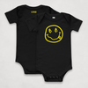 front and back image of the Black Satoshi Smiles Bitcoin Onesie for Infants by lil'B 