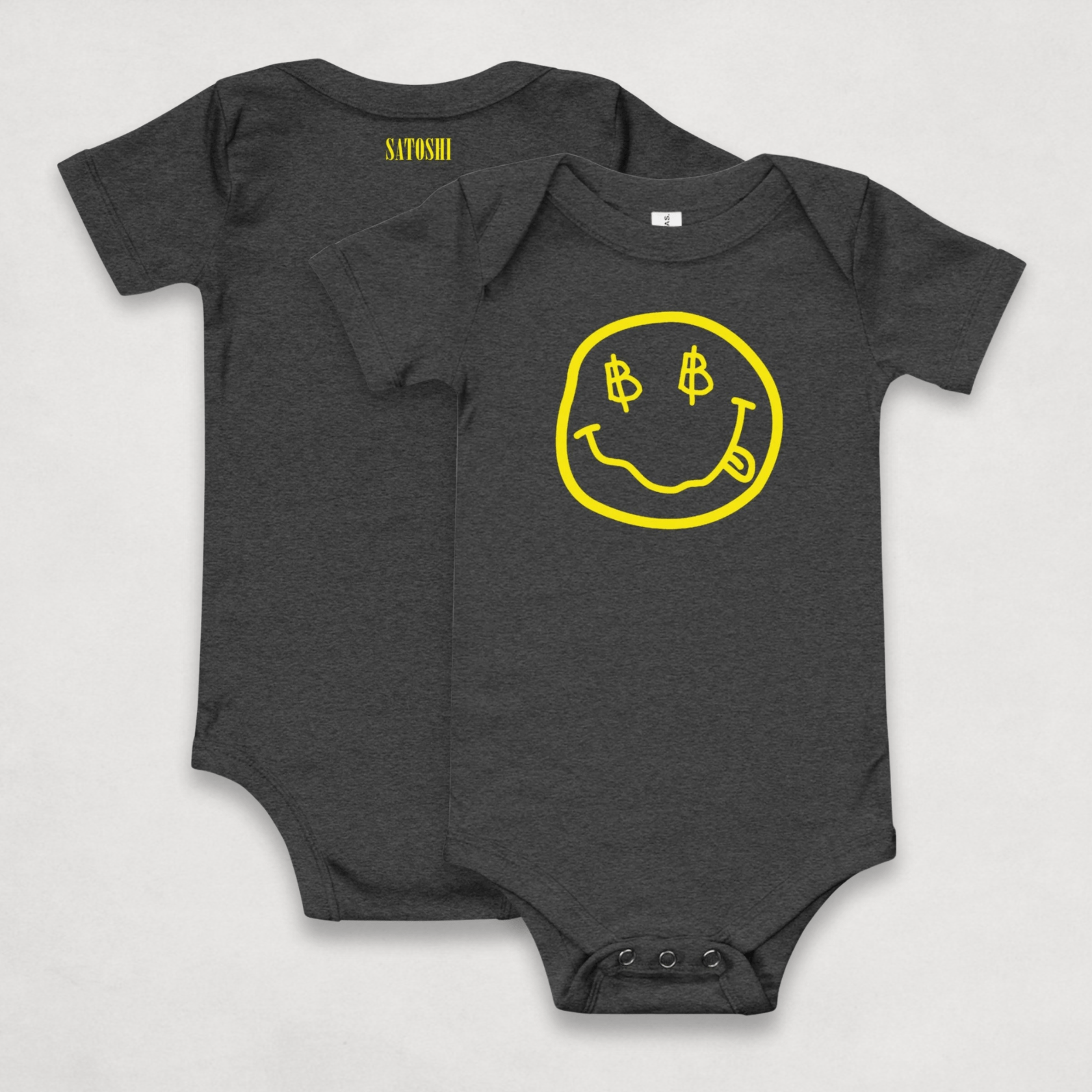 Grey Satoshi Smiles Bitcoin Onesie for Infants by lil'B
