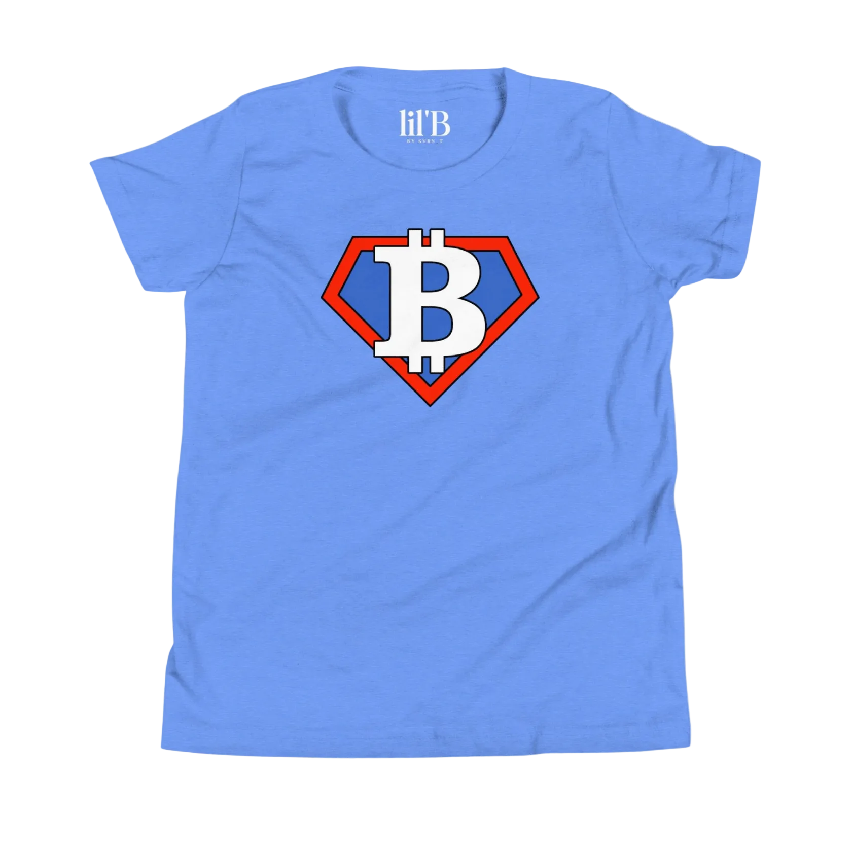 front of the Blue Bitcoin Tee for kids from the Super B Collection by li'B