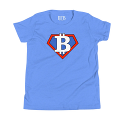 front of the Blue Bitcoin Tee for kids from the Super B Collection by li'B