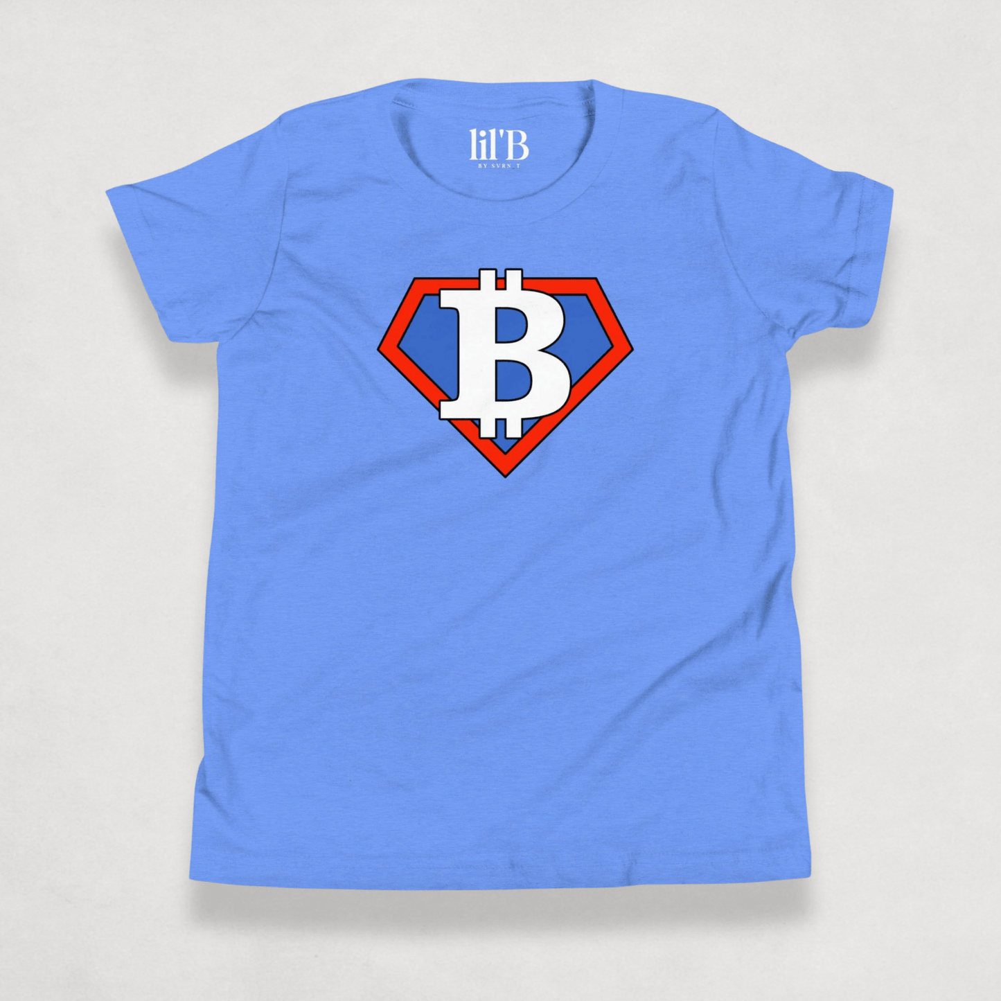 front of the Blue Bitcoin Tee for kids from the Super B Collection by li'B