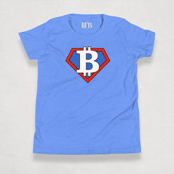 front of the Blue Bitcoin Tee for kids from the Super B Collection by li'B