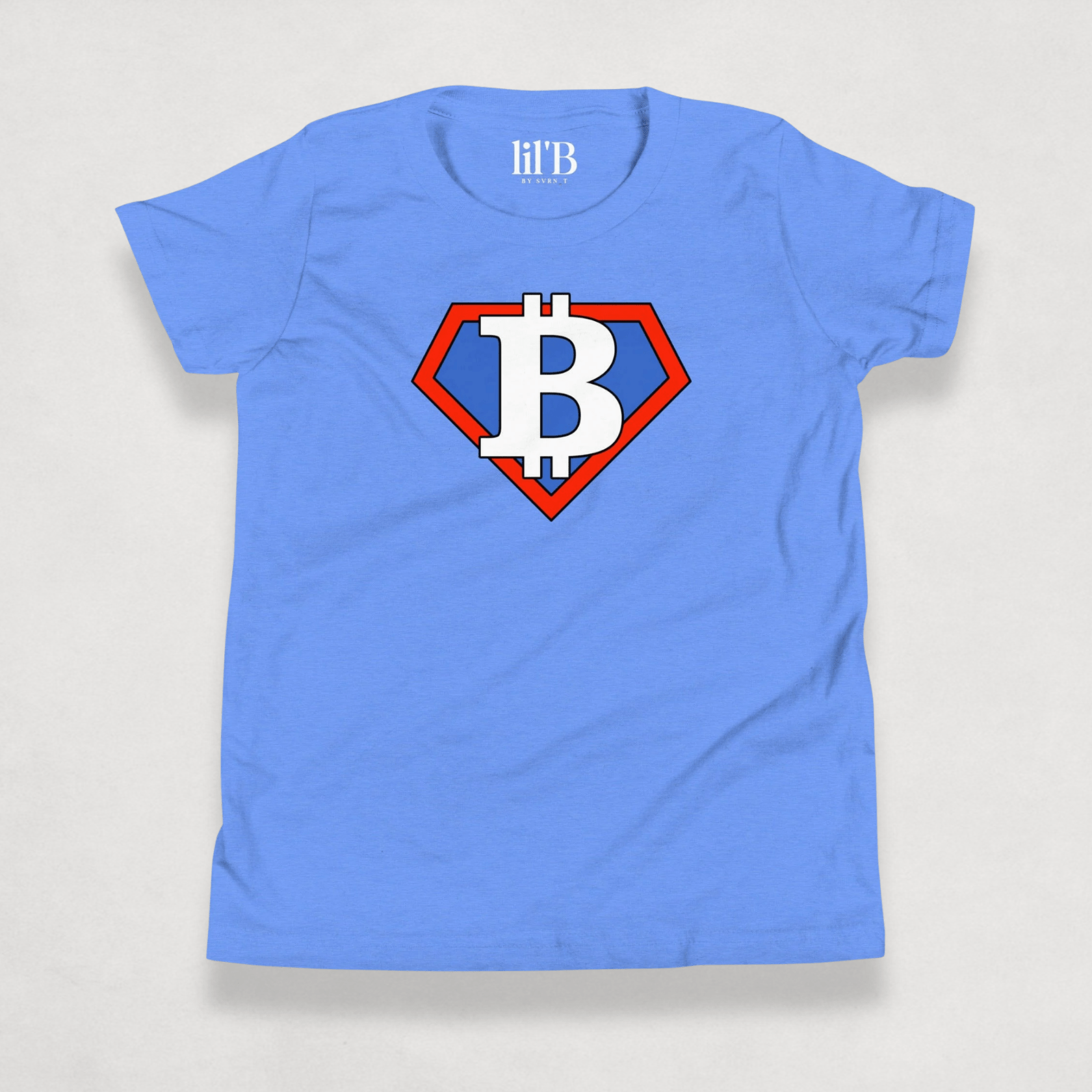 front of the Blue Bitcoin Tee for kids from the Super B Collection by li'B