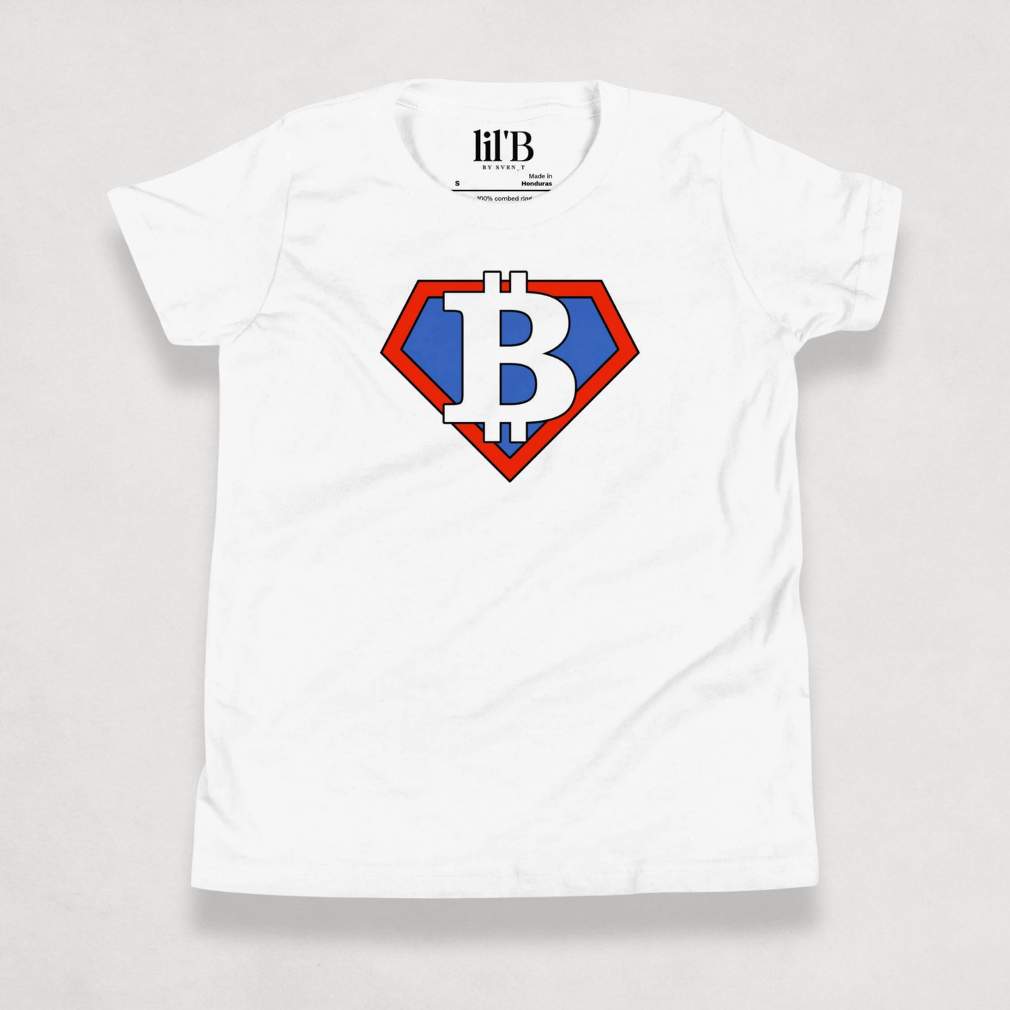 Front of the White Bitcoin Tee for kids from the Super B Collection by li'B
