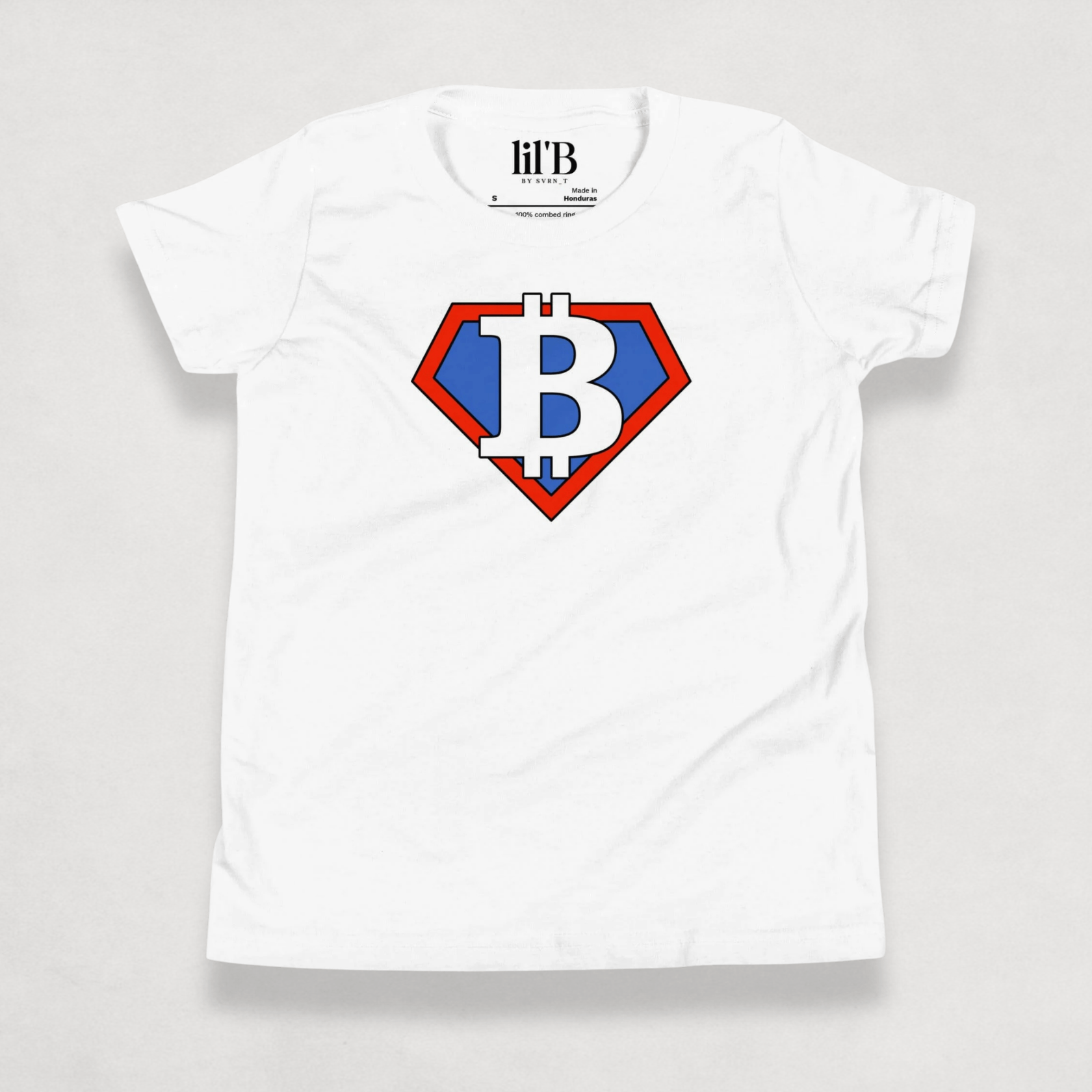 Front of the White Bitcoin Tee for kids from the Super B Collection by li'B