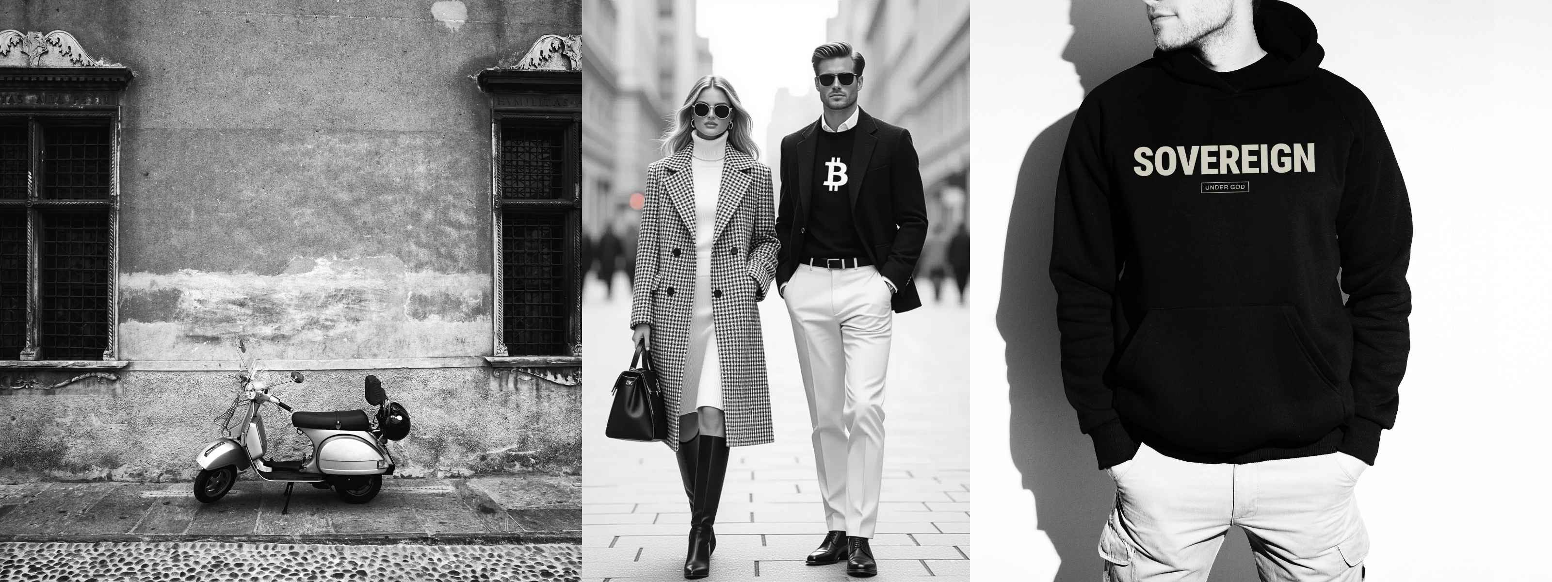 Collage of a scooter, two people wearing Bitcoin clothing, and a person wearing a 'SOVEREIGN' Christian hoodie from SVRN Society