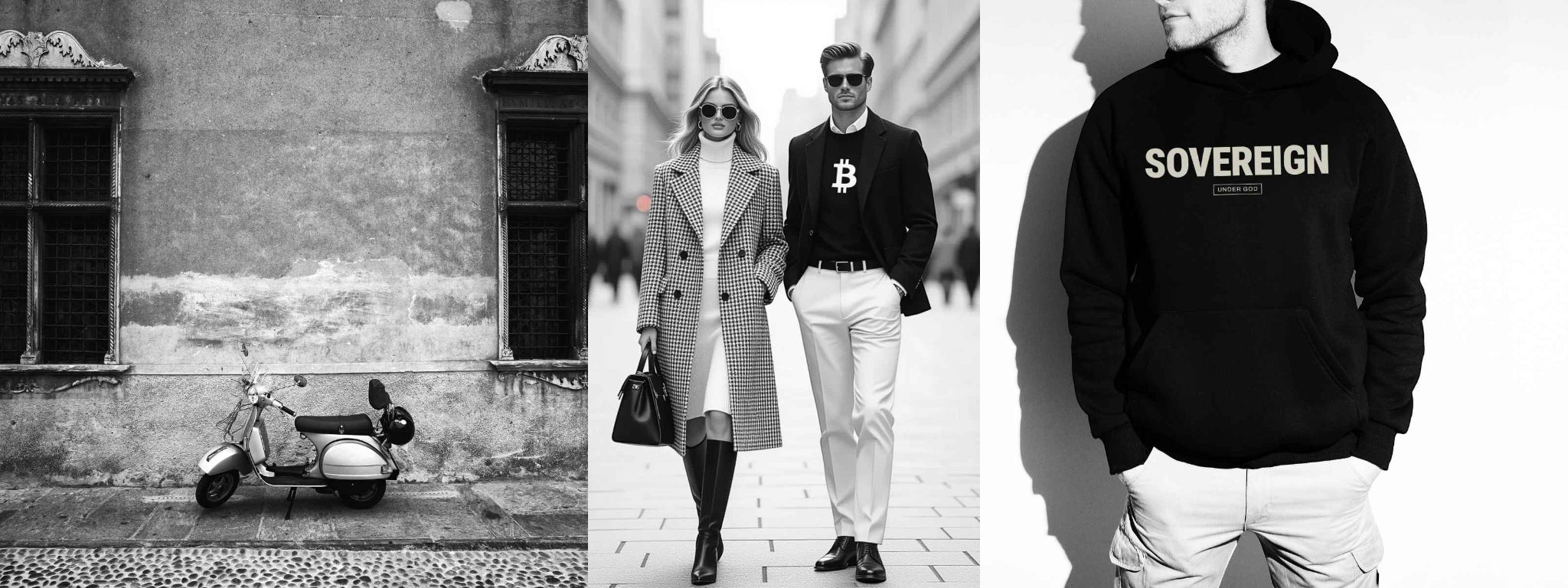 Models wearing Bitcoin sweaters and man wearing a 'SOVEREIGN' Christian hoodie from SVRN Society