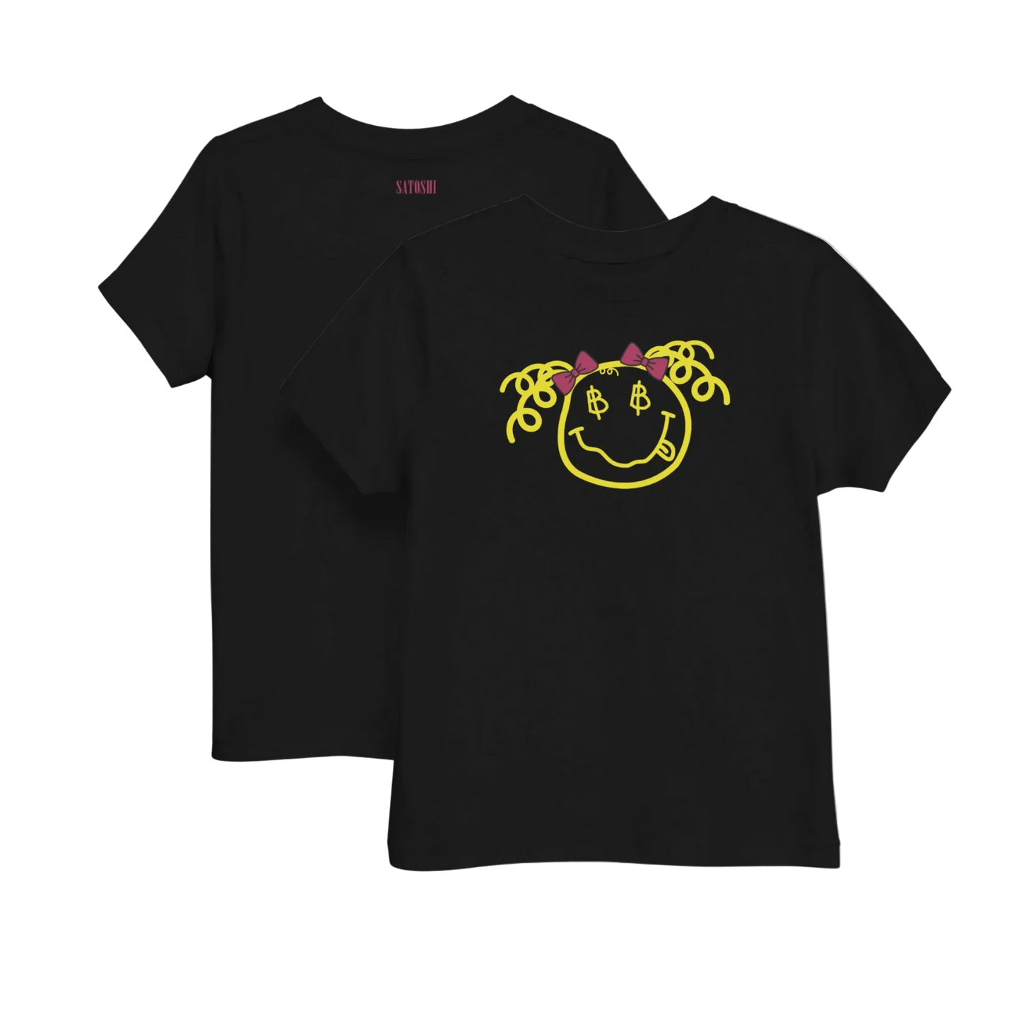 front and back of the Satoshi Smiles Girls Black Bitcoin T-shirt by lil'B