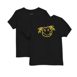 front and back of the Satoshi Smiles Girls Black Bitcoin T-shirt by lil'B