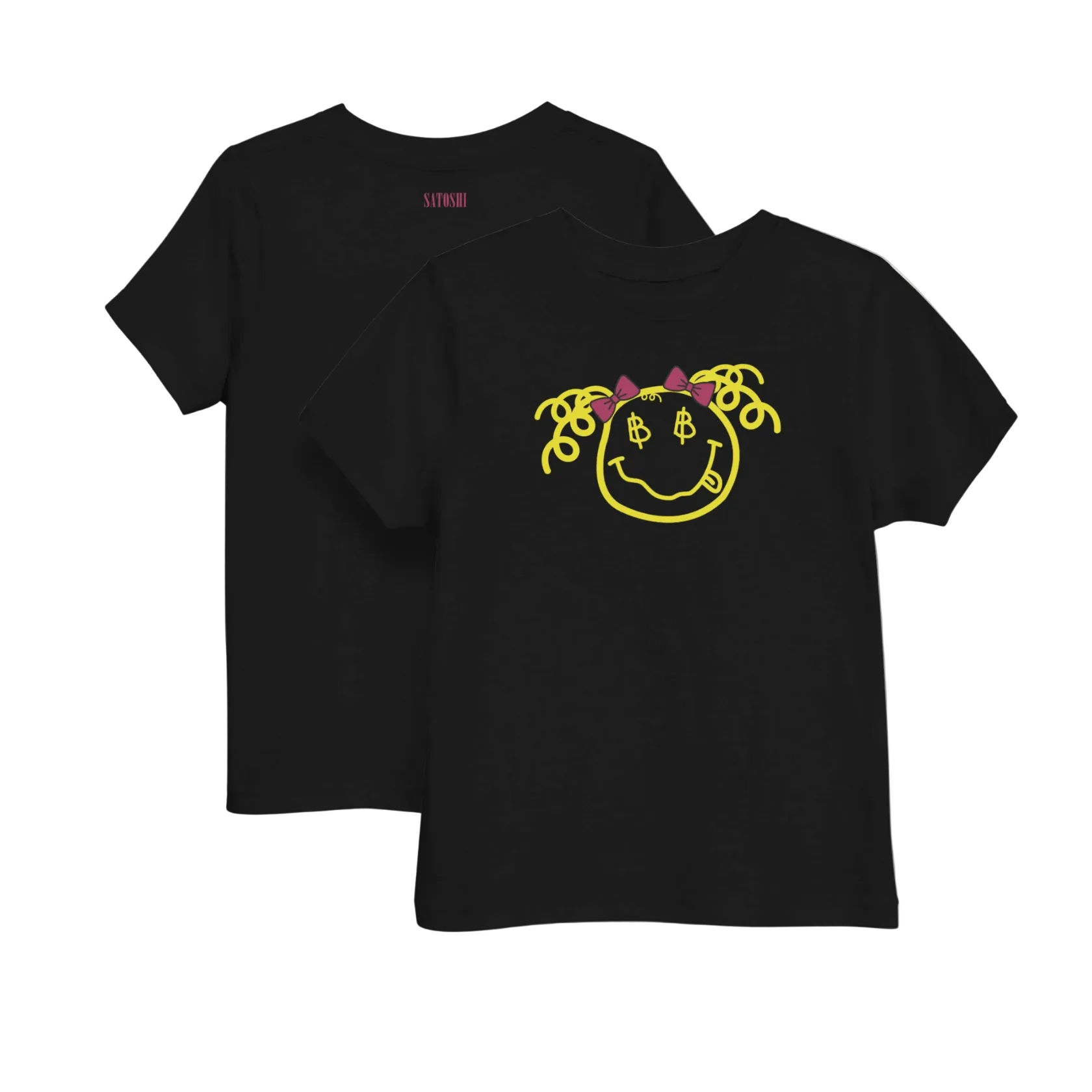 front and back of the Satoshi Smiles Girls Black Bitcoin T-shirt by lil'B
