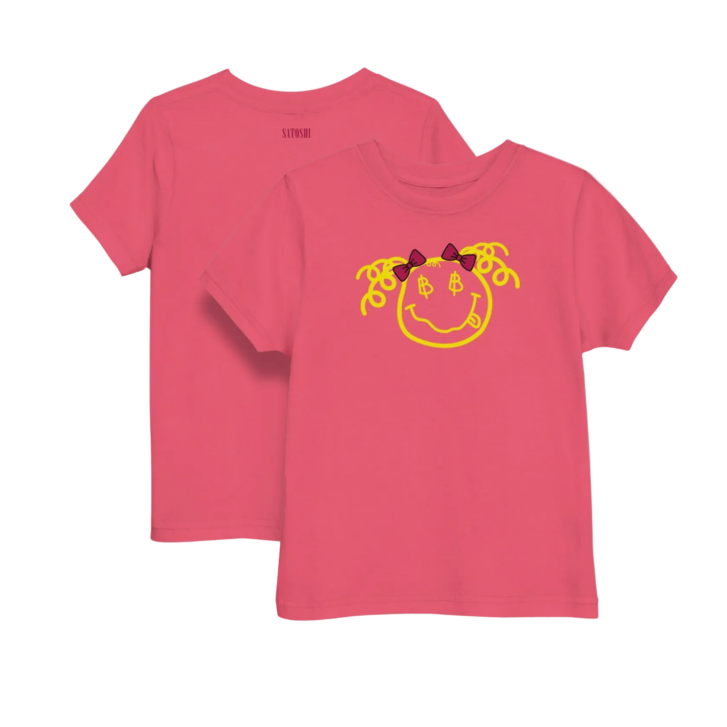front and back Satoshi Smiles Girls Pink Bitcoin T-shirt for toddlers by lil'B