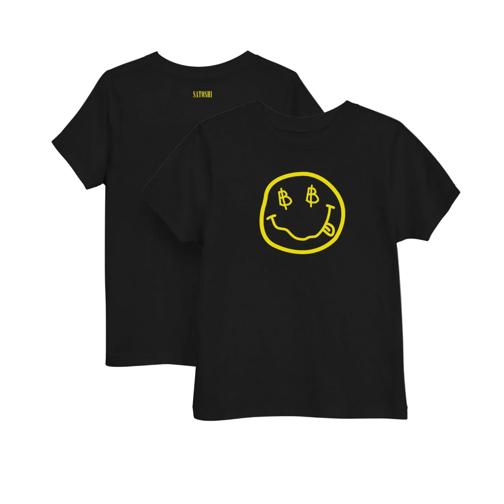 Front and back of the Satoshi Smiles Kids Black Bitcoin T-shirt by lil'B