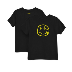 Front and back of the Satoshi Smiles Kids Black Bitcoin T-shirt by lil'B