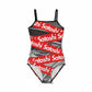 One-piece swimsuit with 'Satoshi' text and dollar bill design on a white background
