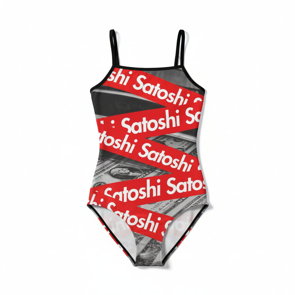One-piece swimsuit with 'Satoshi' text and dollar bill design on a white background
