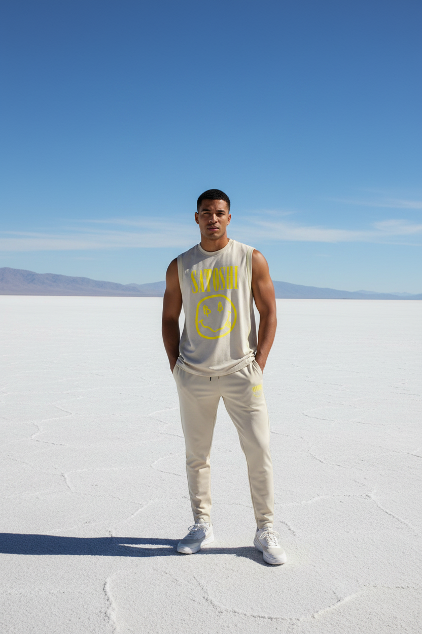 Man wearing a sleeveless bitcoin satoshi smiles shirt with a smiley face design on a salt flat landscape - SVRN Society