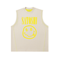 Sleeveless Satoshi Bitcoin shirt with yellow Bitcoin smiley face and text on a white background - SVRN Society