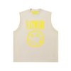 (Beige) sleeveless Satoshi shirt with yellow Bitcoin smiley face and text on a white background SVRN Society