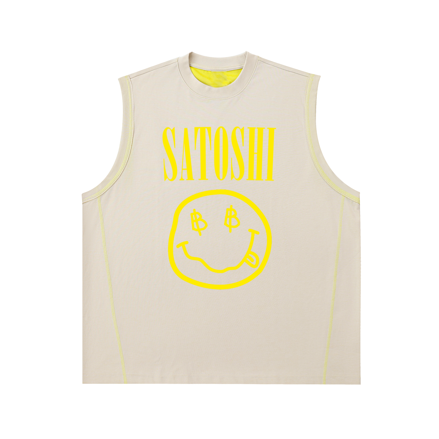 (Beige) sleeveless Satoshi shirt with yellow Bitcoin smiley face and text on a white background SVRN Society