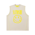Sleeveless Satoshi Bitcoin shirt with yellow Bitcoin smiley face and text on a white background - SVRN Society