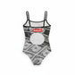 women's one-piece swimsuit with dollar bill and Satoshi logo design on a white background