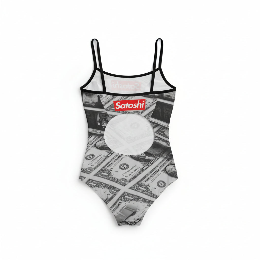 women's one-piece swimsuit with dollar bill and Satoshi logo design on a white background