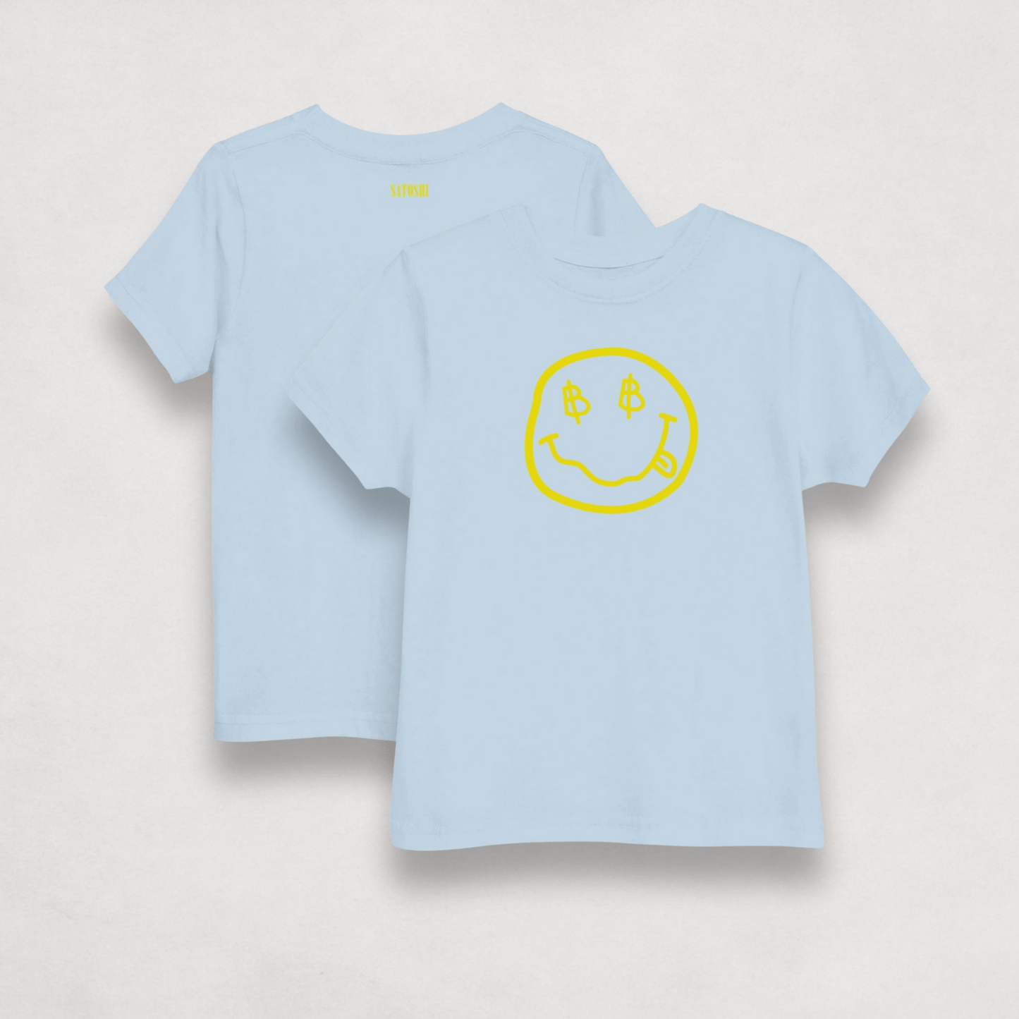 front and back image of Satoshi Smiles Kids light blue Bitcoin T-shirt by lil'B