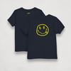 froont and back image of the Satoshi Smiles Kids navy blue Bitcoin T-shirt by lil'B
