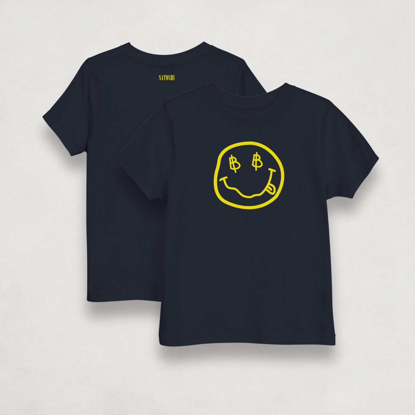 froont and back image of the Satoshi Smiles Kids navy blue Bitcoin T-shirt by lil'B