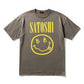 Gray t-shirt with yellow 'Satoshi' and smiley face design on a white background