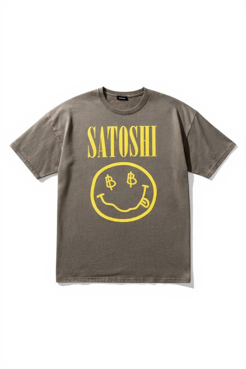 Gray t-shirt with yellow 'Satoshi' and smiley face design on a white background
