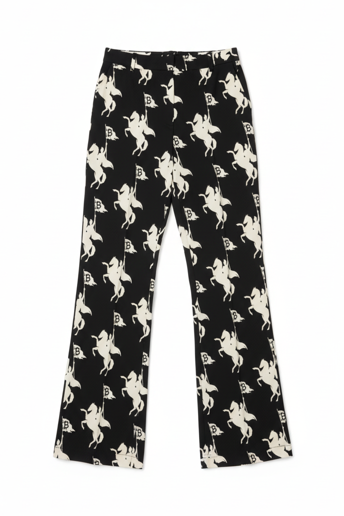 Black Bitcoin themed pants with white pattern on a neutral background SVRN Society