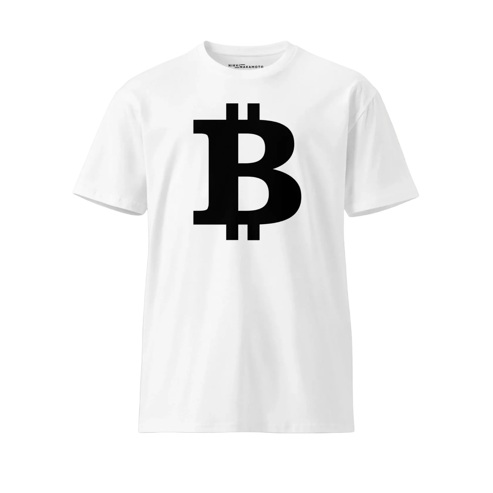Front of the Womens Premium Bitcoin T-Shirt from The B Collection by Nikki Nakamoto Front view of white and black