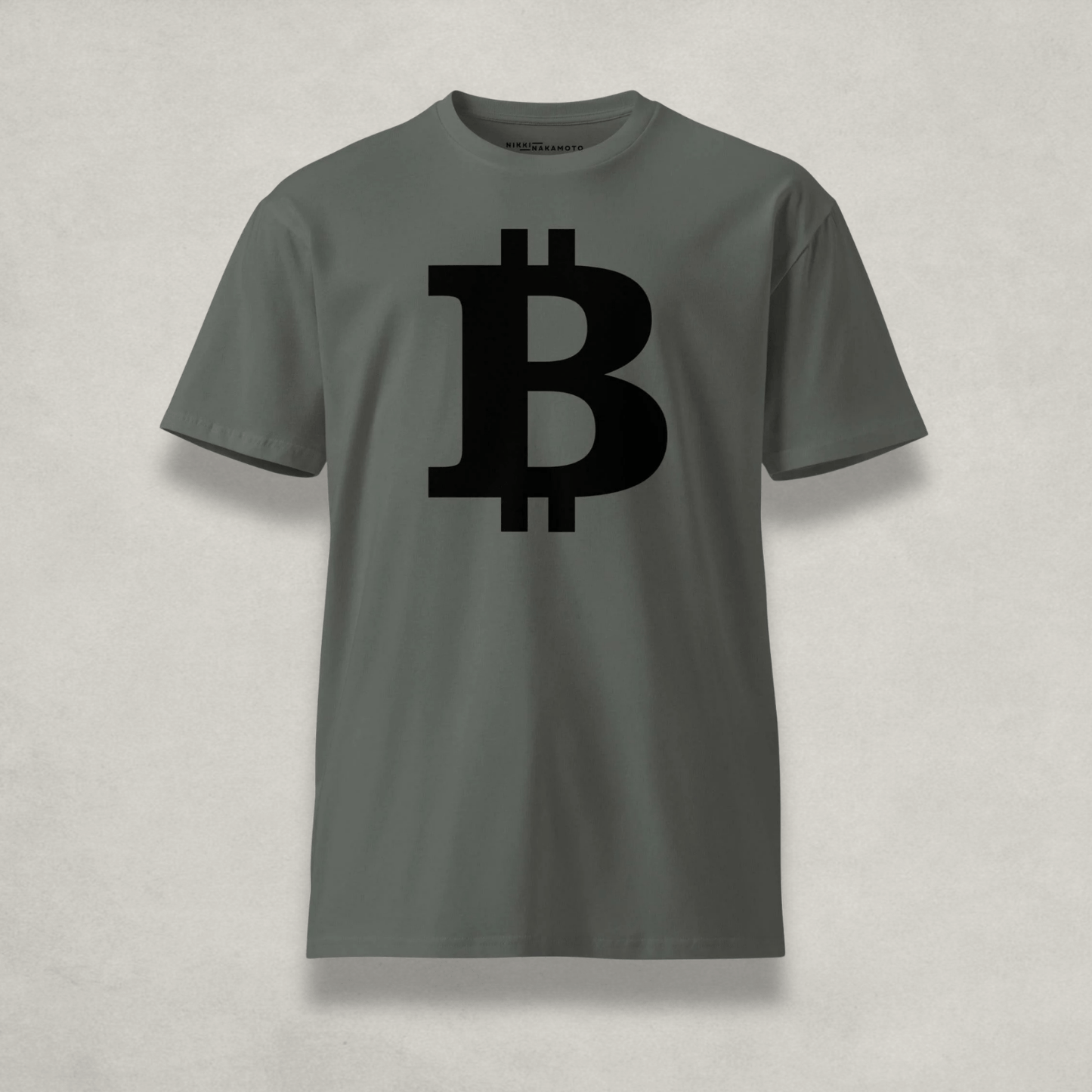 Front of the Womens Premium Bitcoin T-Shirt from The B Collection by Nikki Nakamoto in grey and black