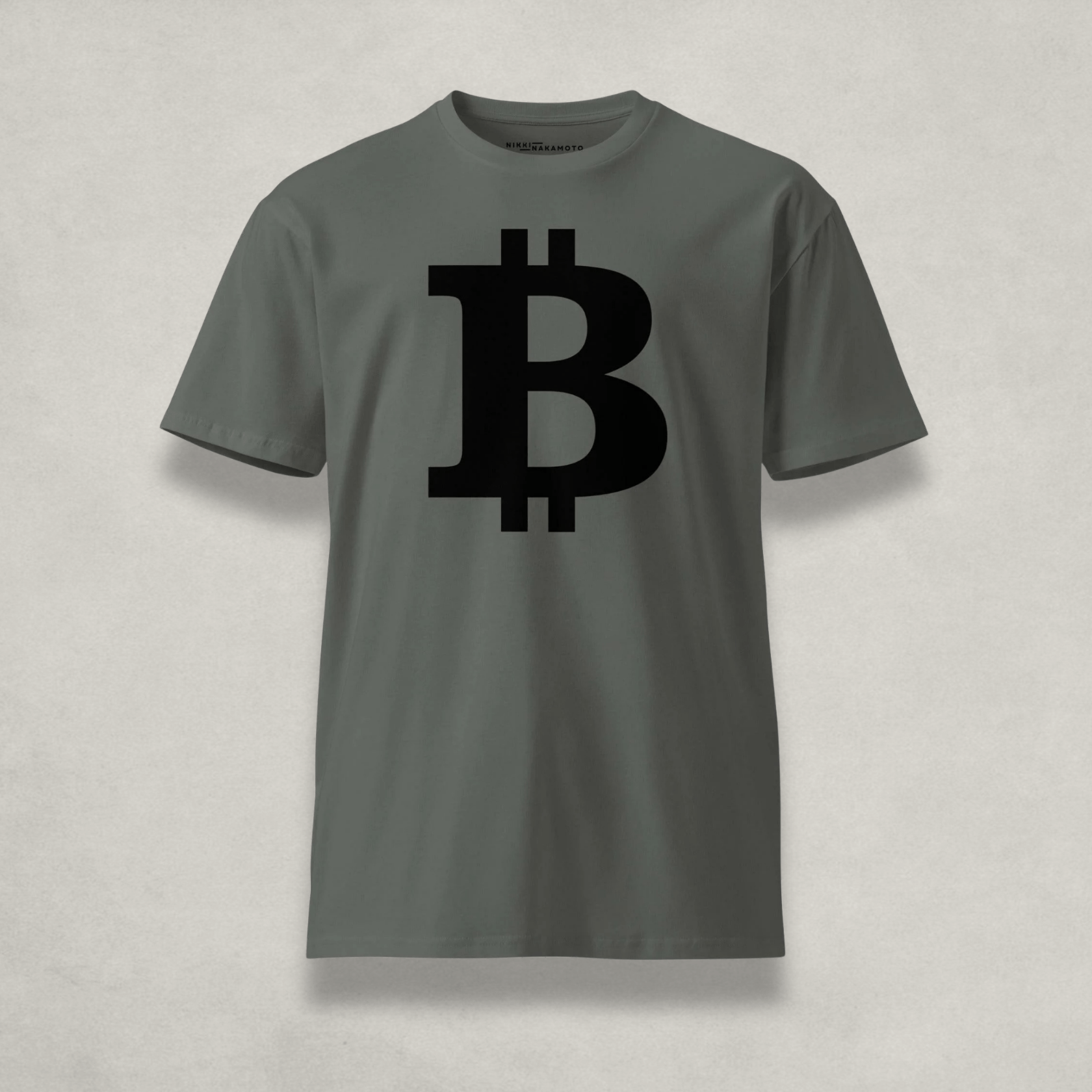 Front of the Womens Premium Bitcoin T-Shirt from The B Collection by Nikki Nakamoto in grey and black