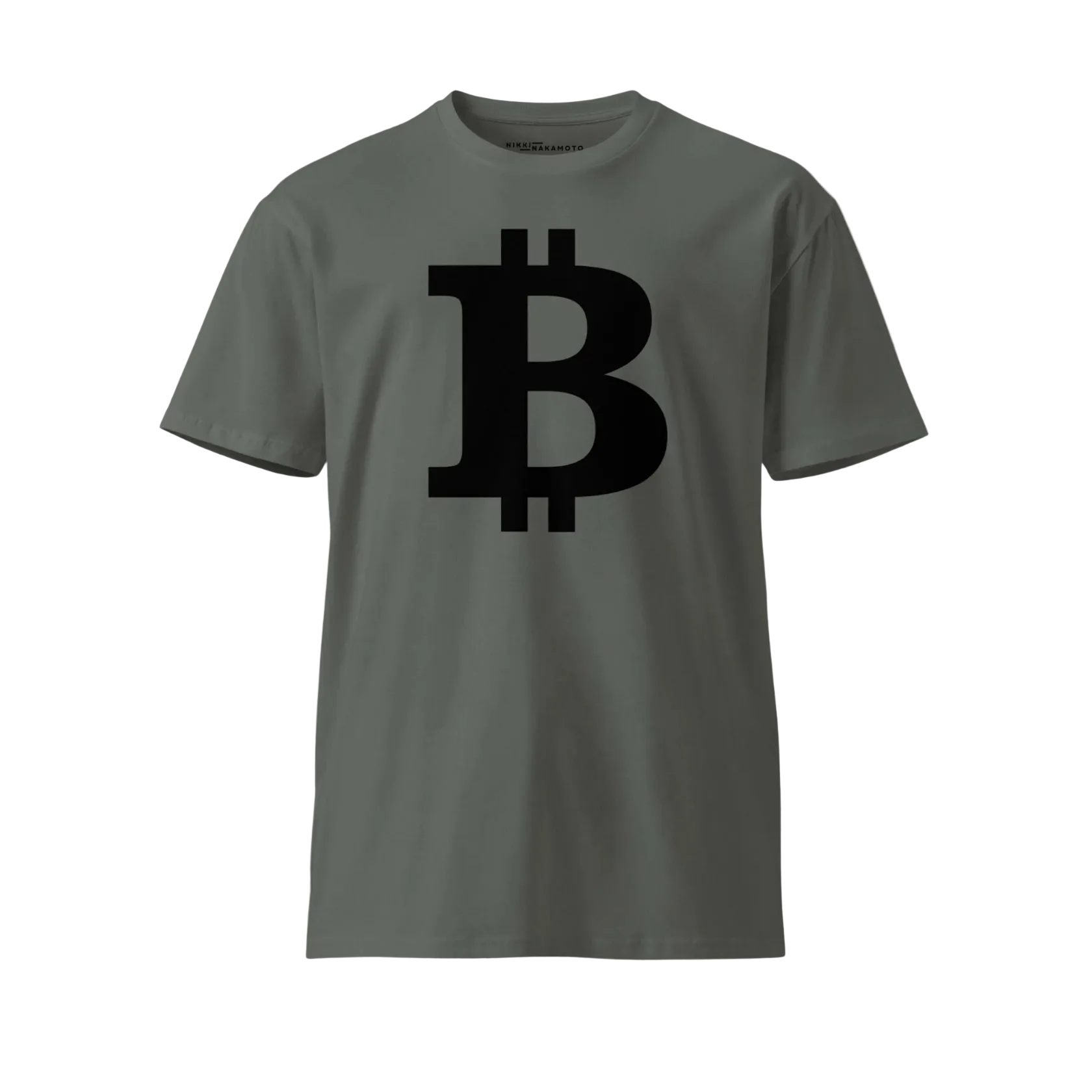 Front of the Womens Premium Bitcoin T-Shirt from The B Collection by Nikki Nakamoto in grey and black