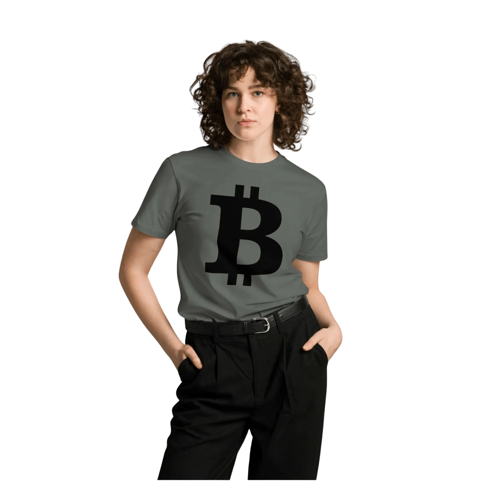 Woman wearing the Premium Bitcoin T-Shirt in grey with a large black bitcoin B on the front from The B Collection by Nikki Nakamoto