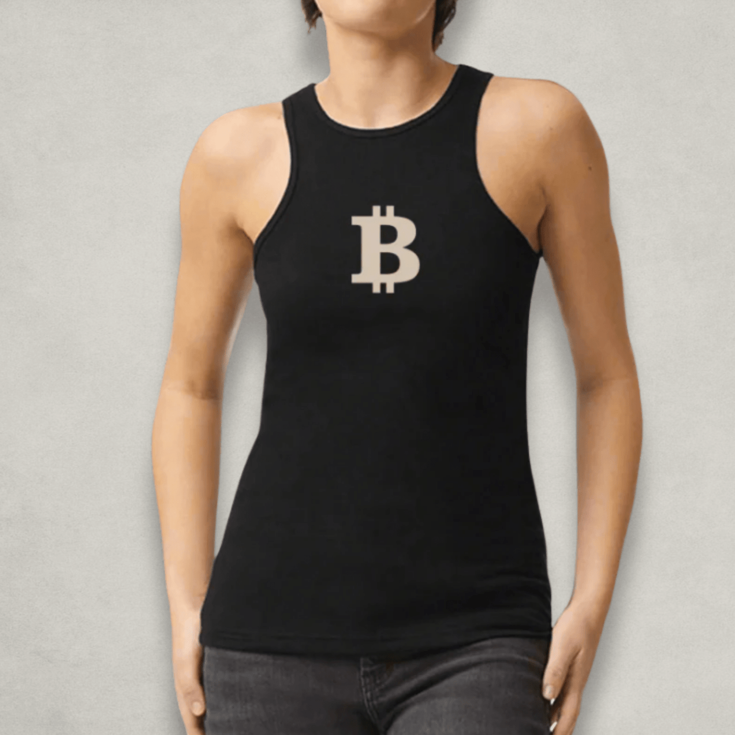 Women wearing the Bitcoin B Black Racerback Tank Top by Nikki Nakamoto 