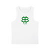 (White) Bitcoin Paris tank top with green logo and text on a white background - the orange habit