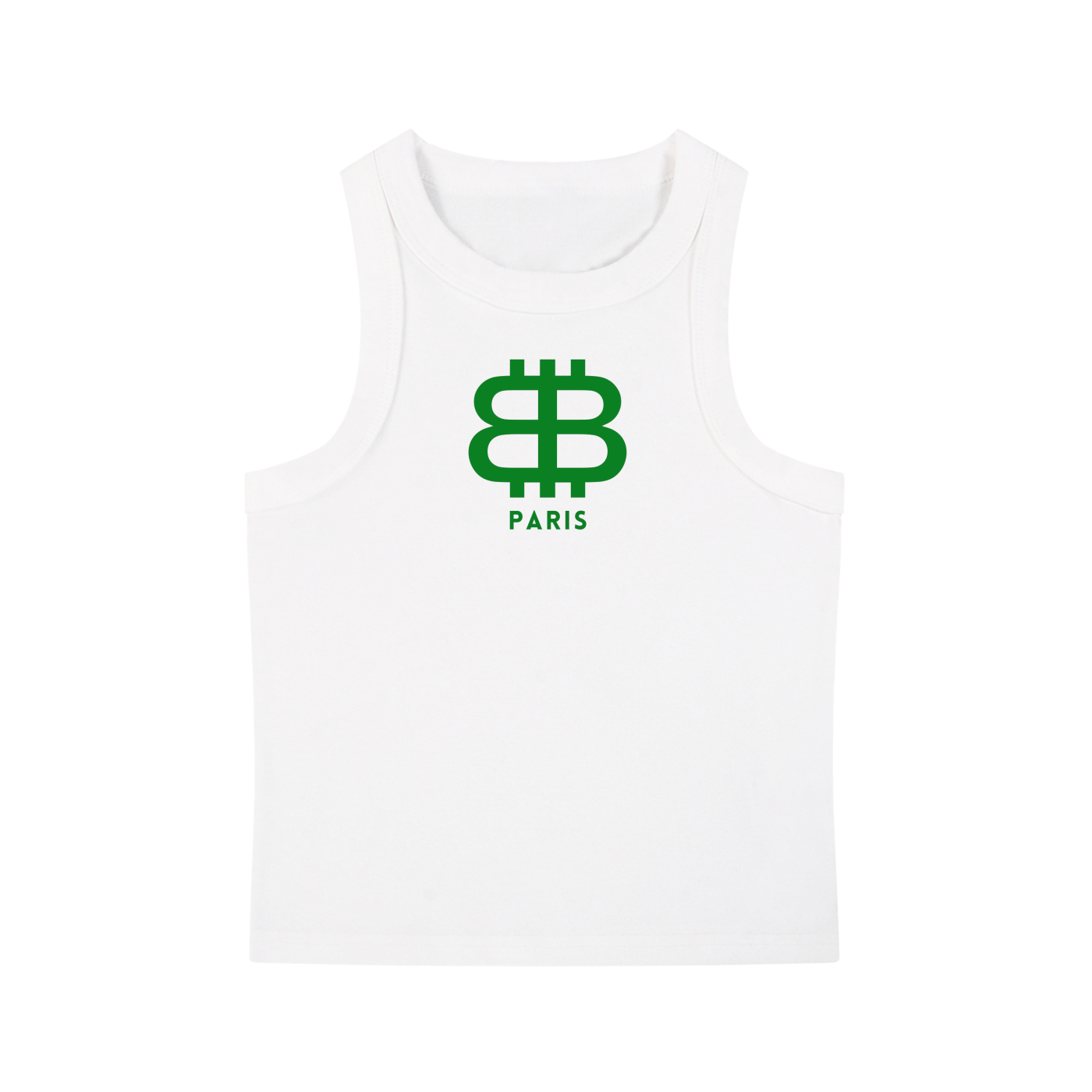 (White) Bitcoin Paris tank top with green logo and text on a white background - the orange habit