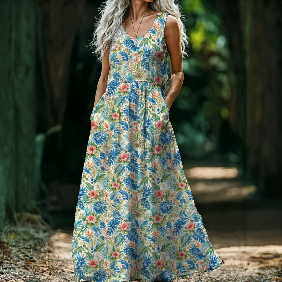 Woman wearing a floral dress in a natural setting