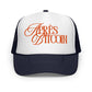 Trucker hat with 'Apres Bitcoin' text on a white background