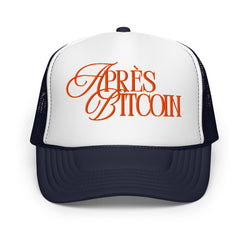 Trucker hat with 'Apres Bitcoin' text on a white background