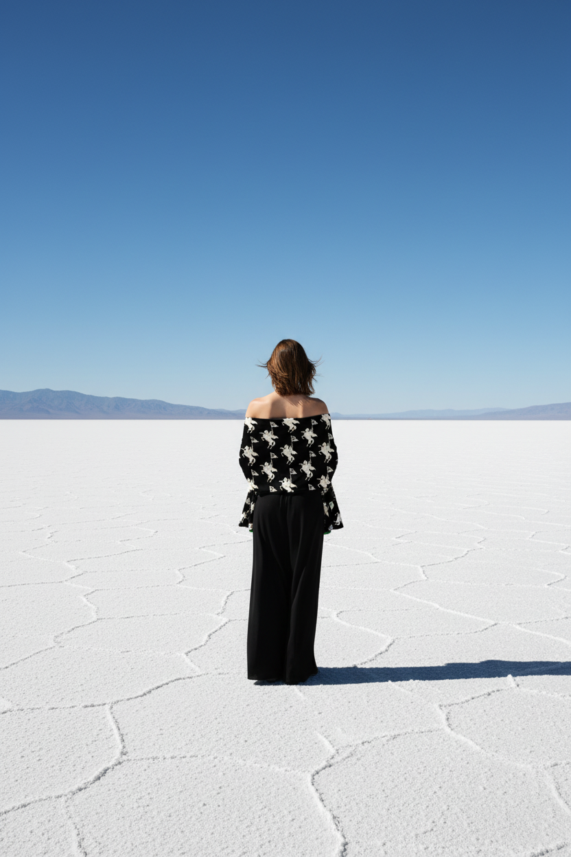 Person standing on a salt flat with a clear blue sky
