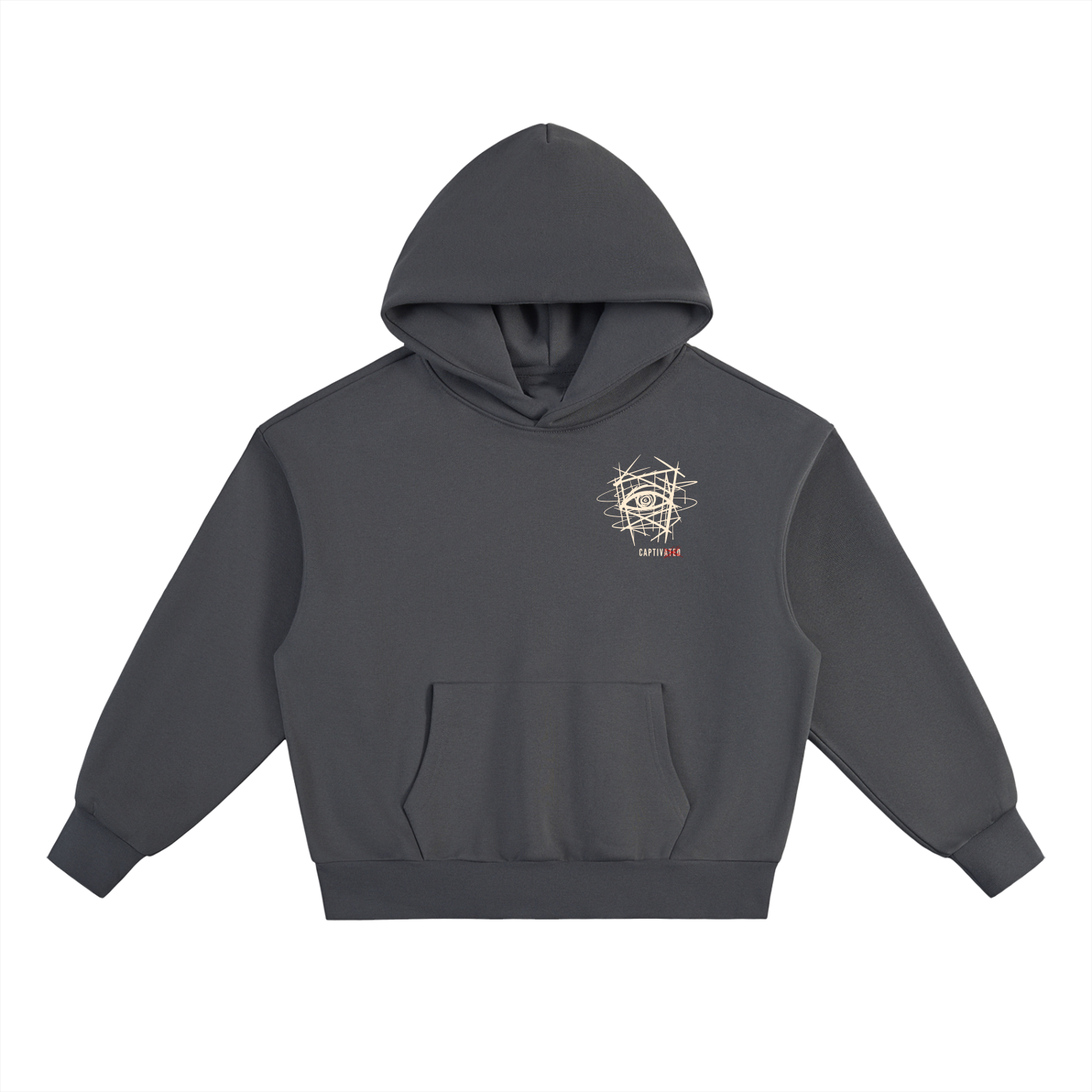 Gray hoodie with the captivated logo on the chest against a white background