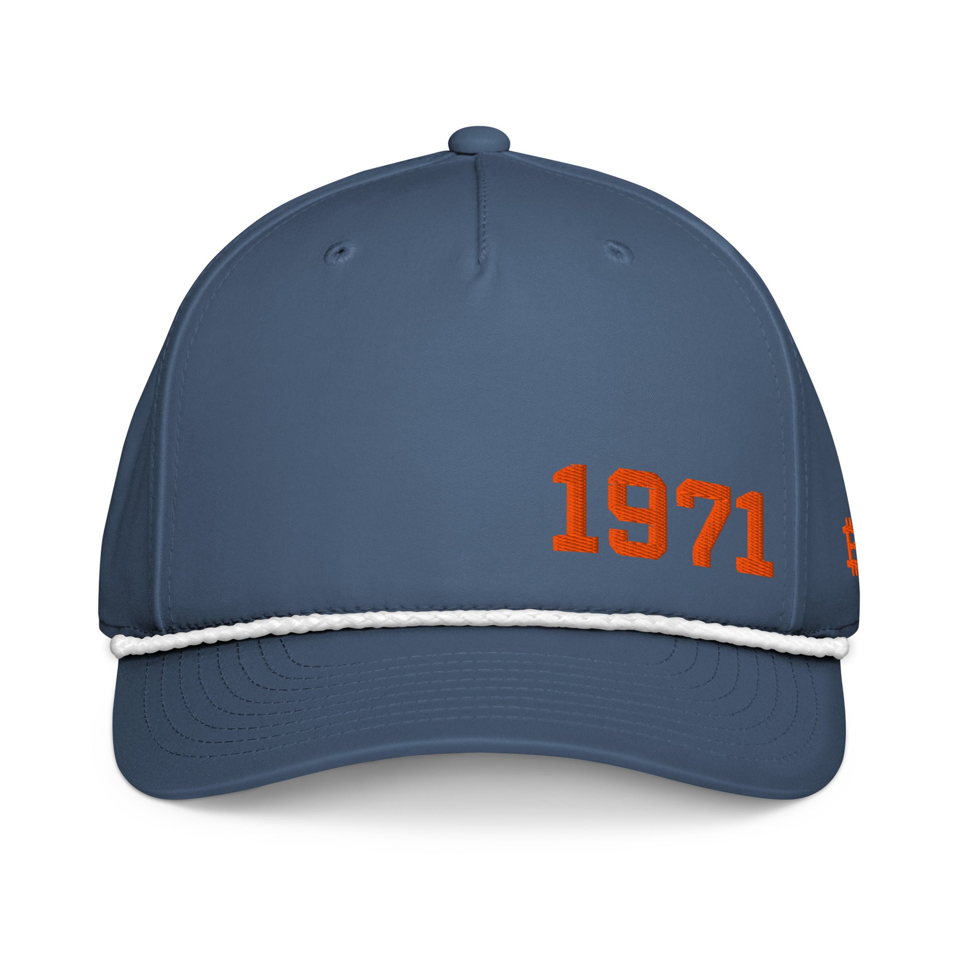 Blue cap with '1971' in orange on a white background