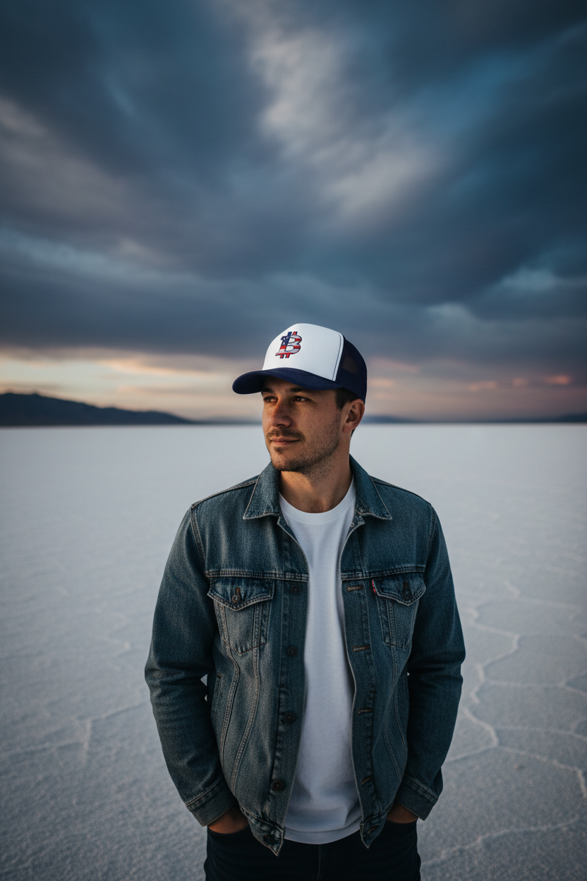 Man wearing a bitcoin cap and denim jacket standing on a vast, flat landscape with a dramatic sky.
